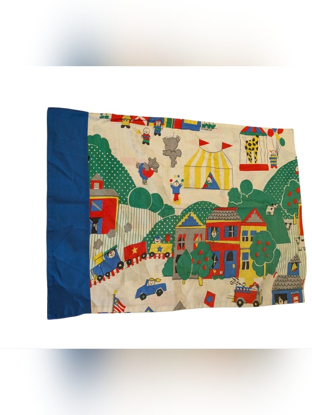 Vintage Franco Retro Circus Theme Kids Pillowcase Carnival Tent Elephants Circus